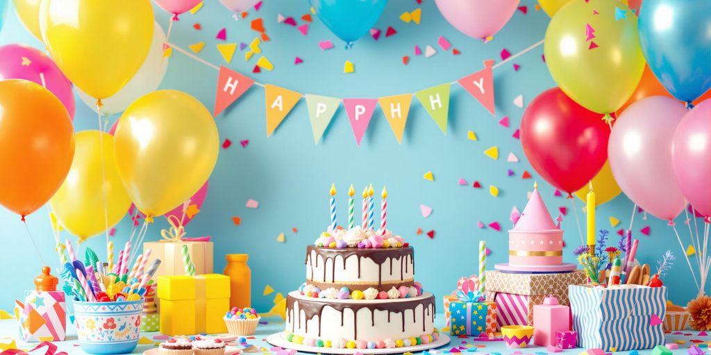 Fødselsdagsbord med balloner og kage
