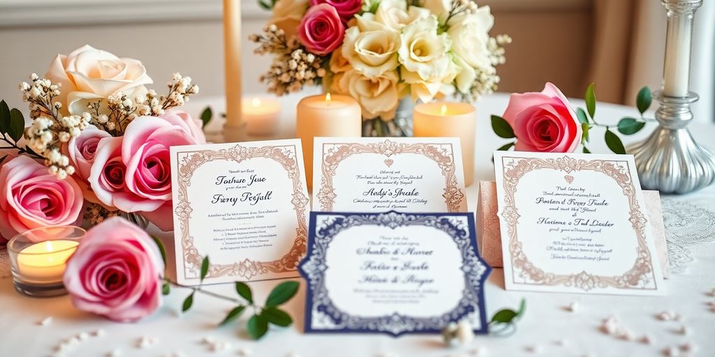 Bryllupsinvitationer på et elegant bord med blomster.