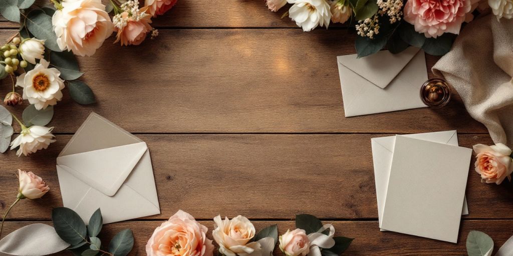 Kuverter og blomster på træplanker