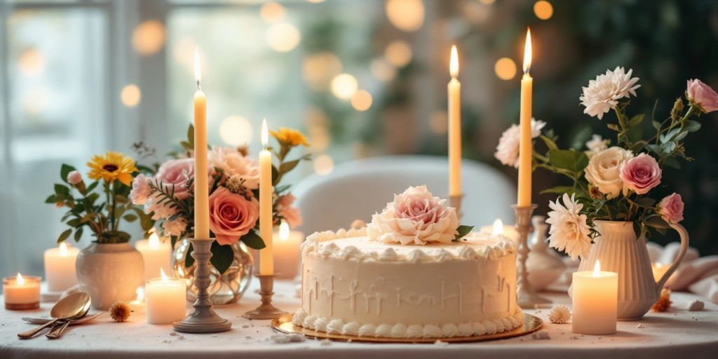 Kage, blomster og sterinlys