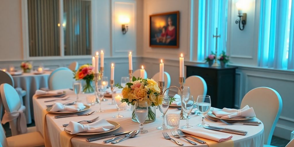 Smuk konfirmationsfest med dekoreret bord.