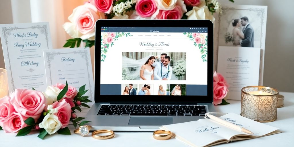 Bryllupshjemmeside på bærbar med blomsterdekorationer.