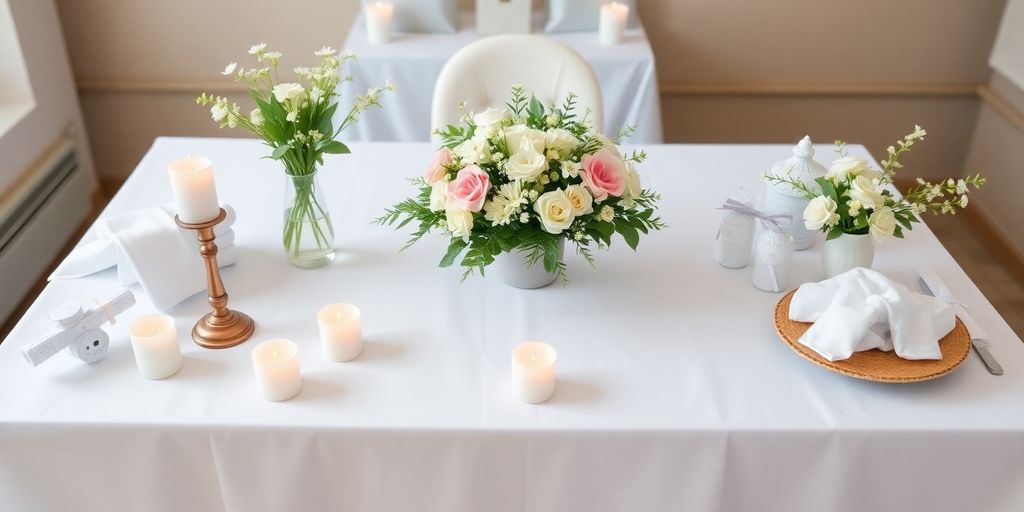 Smuk bordopdækning til dåb med blomster og lys.