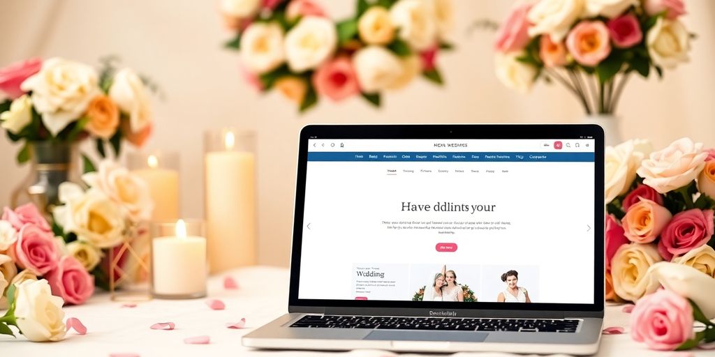 Bryllupshjemmeside på en bærbar computer med blomster.