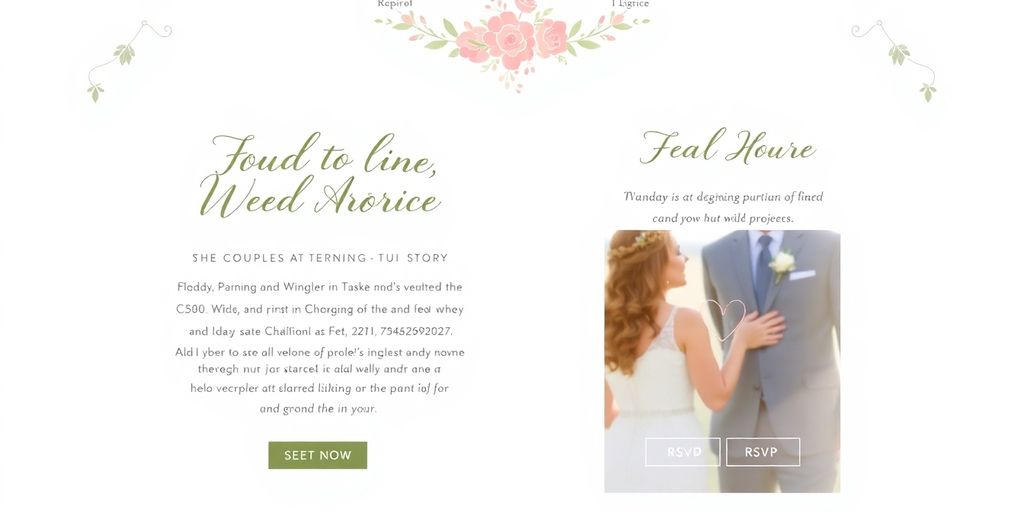 Bryllupshjemmeside med elegante elementer og romantiske farver.