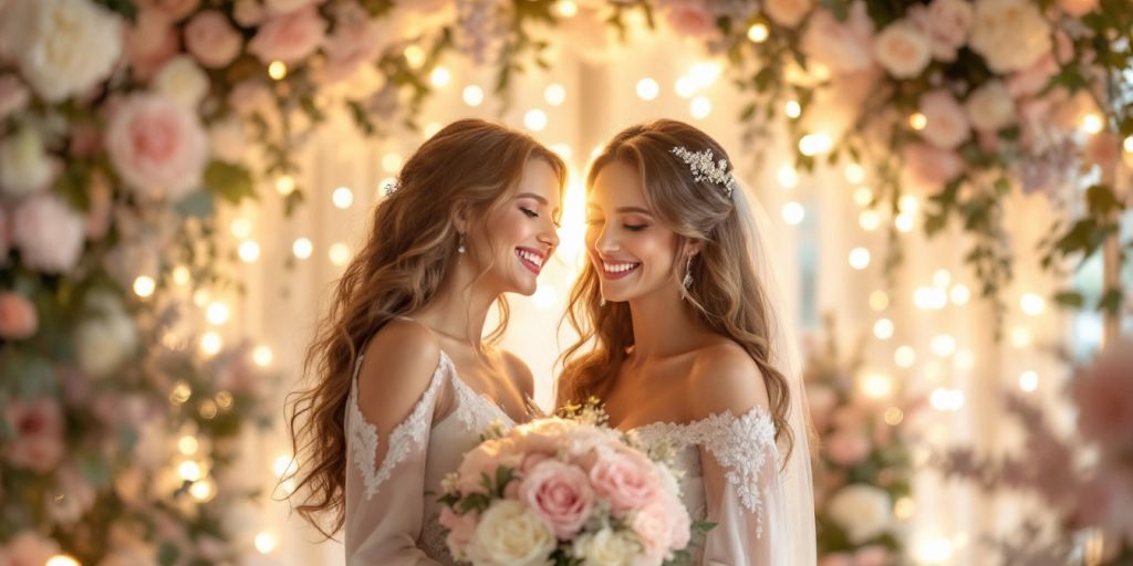 Brud og veninde til bryllup med blomster