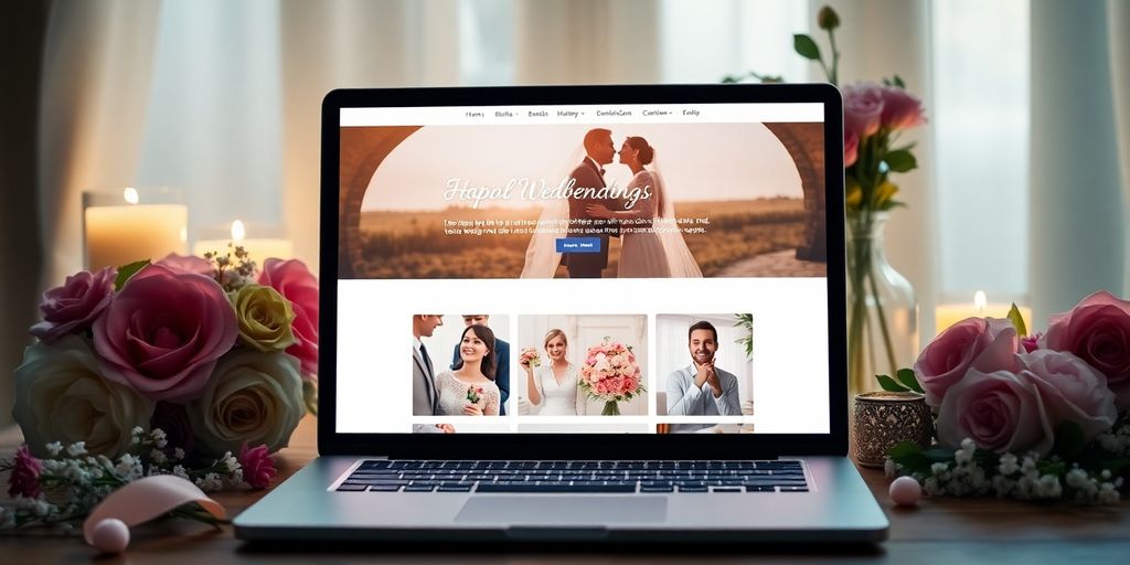 Bryllupshjemmeside med blomster og bryllupsdetaljer.