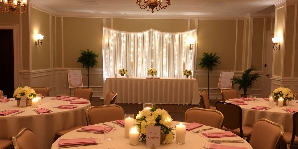 Dekoreret konfirmationsfest med blomster og lys.