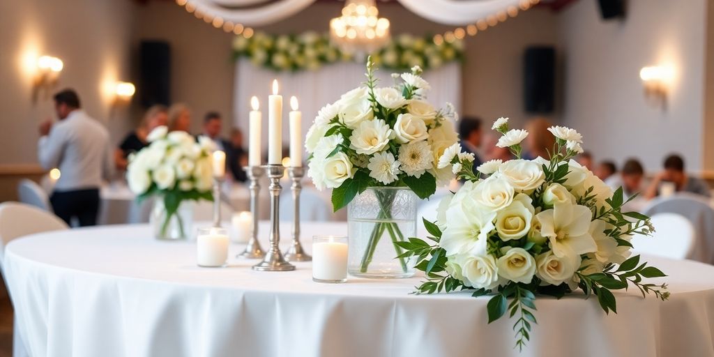 Borddækning med hvid dug til fest