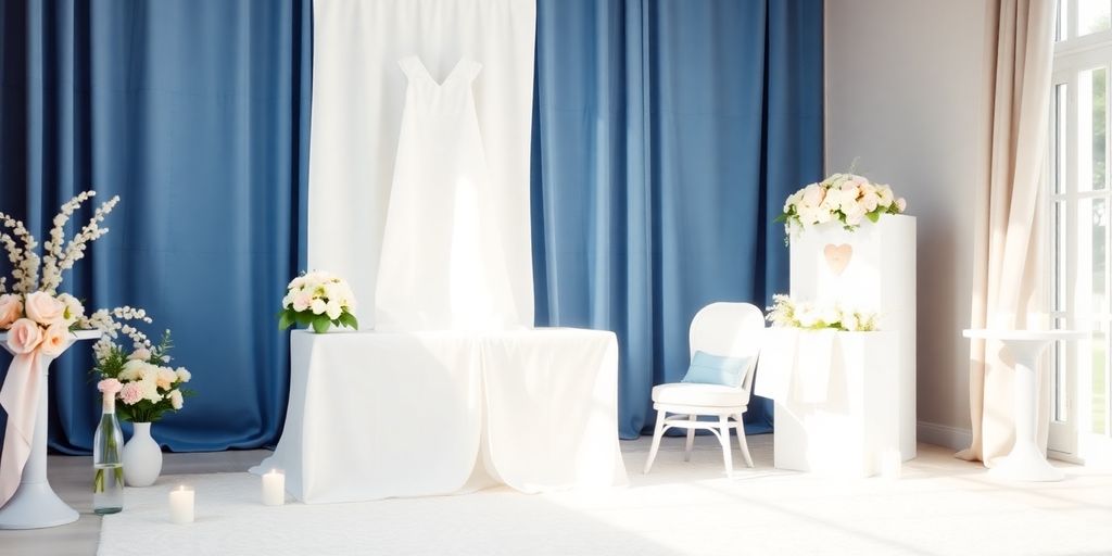 Blåt gardin og hvide møbler til fest