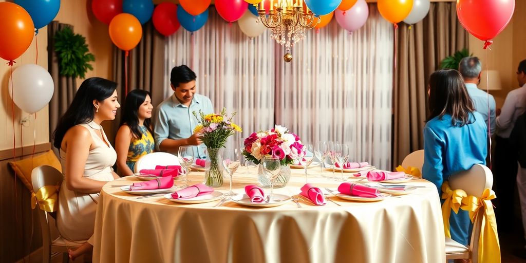 Farverig fest med dekoreret bord til konfirmation.