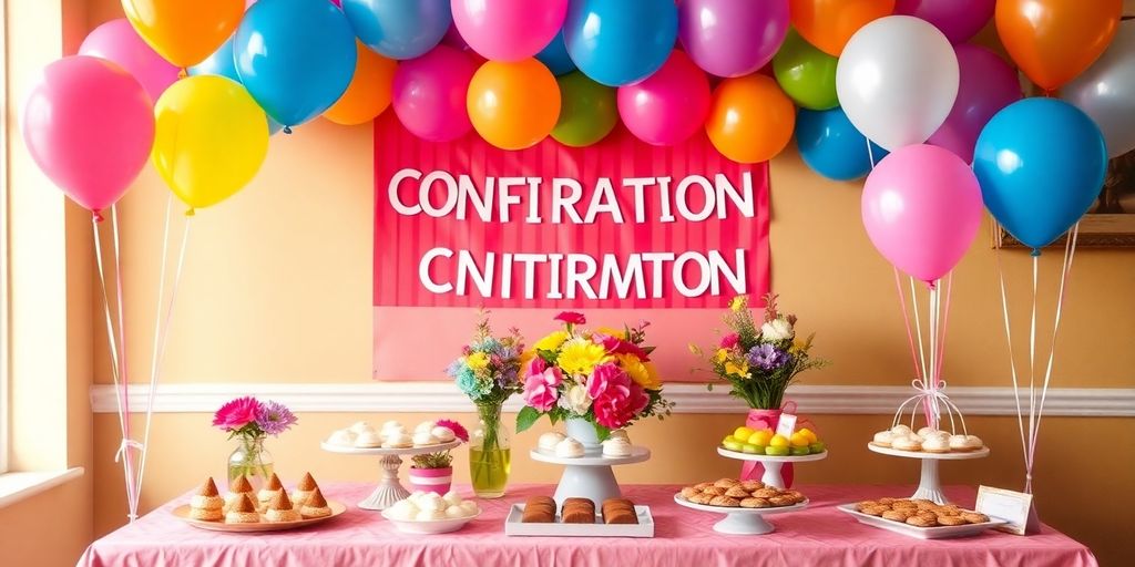 Festlig konfirmationsbord med balloner og blomster.