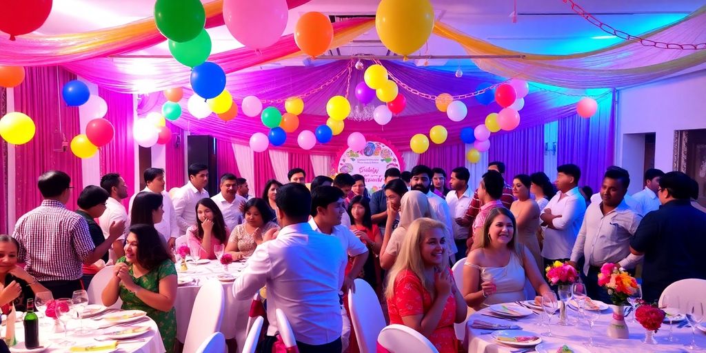 Festlig fest med farverige dekorationer og glade gæster.