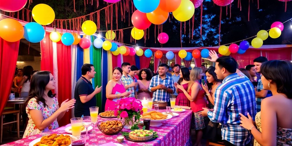 Glade gæster ved en fest med farverige dekorationer.