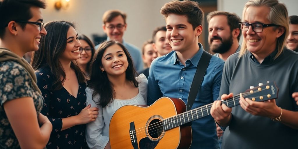 Glade ansigtstræk ved konfirmationsfejring med musik.