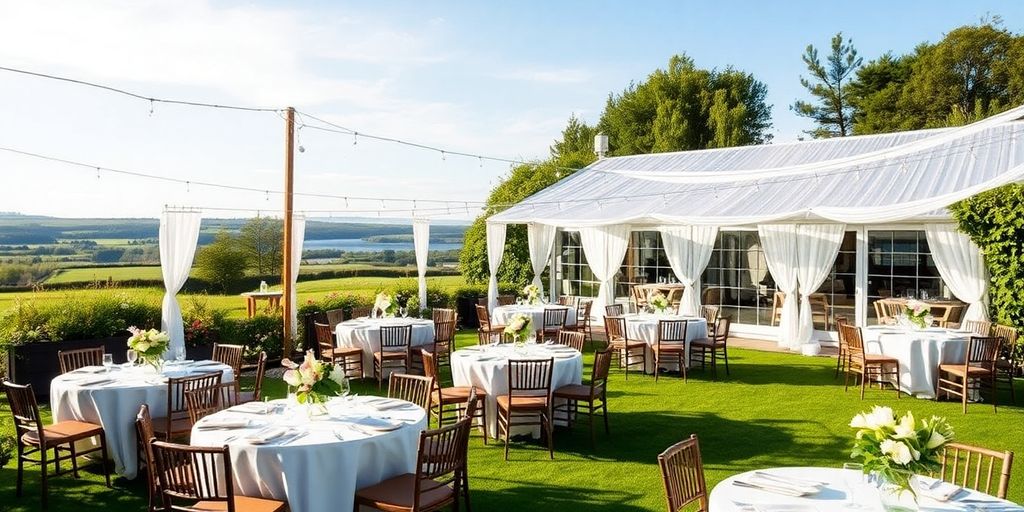 Smuk bryllupslokation med blomster og grønne omgivelser.