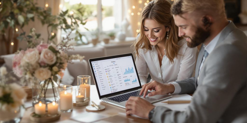 Brudepar planlægger bryllup på computeren