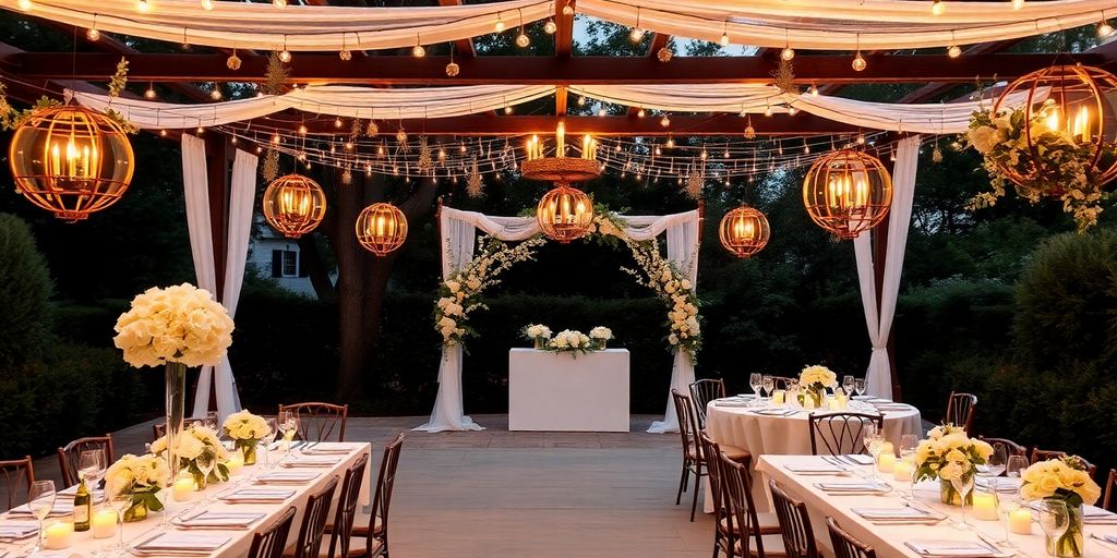 Bryllupsdag med blomster og smuk bordopdækning.