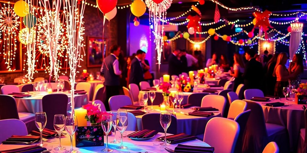 Festligt nytårsfest med pyntede borde og gæster.