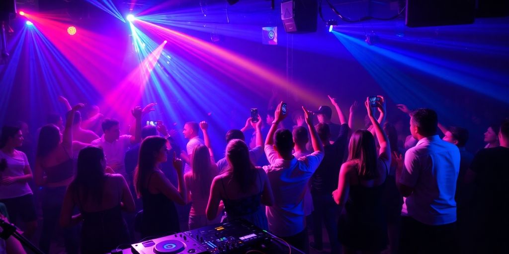 Festlige mennesker danser til musik ved nytårsfest.