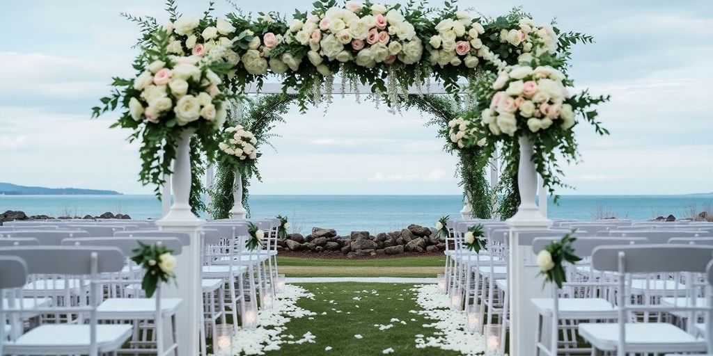 Udendørsbryllup med hvide stor og blomster ved havet