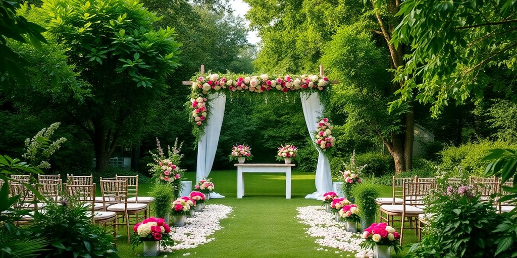 Romantisk udendørs bryllup i Jylland med blomster.