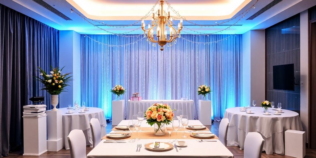 Moderne konfirmation med festlige dekorationer og belysning.