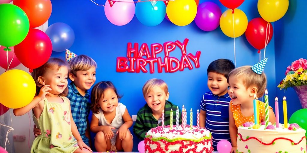 Børnefødselsdag med glade børn og farverige balloner.