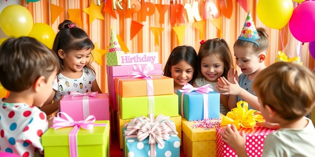 Farverige gaver og godteposer til børnefødselsdag.