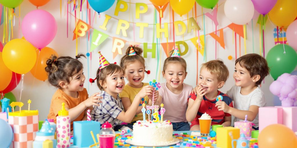 Børnefødselsdag med lagkage, konfetti og balloner