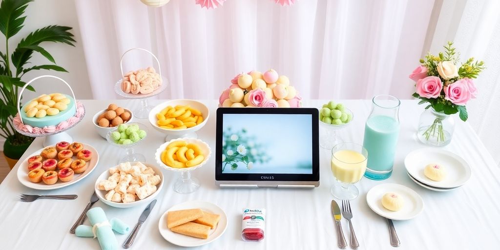 Smuk borddækning til online babyshower med lækker mad.