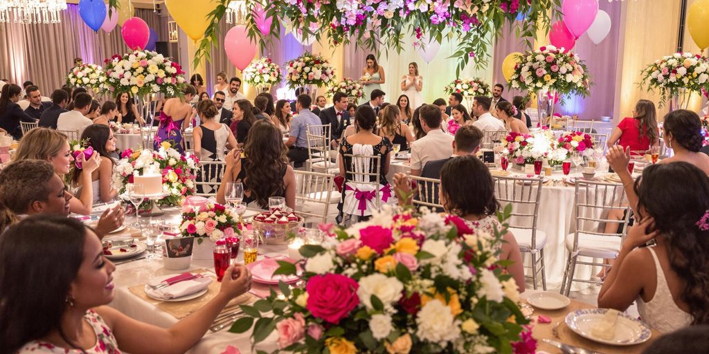 Mange mennesker til bords til stor fest med balloner