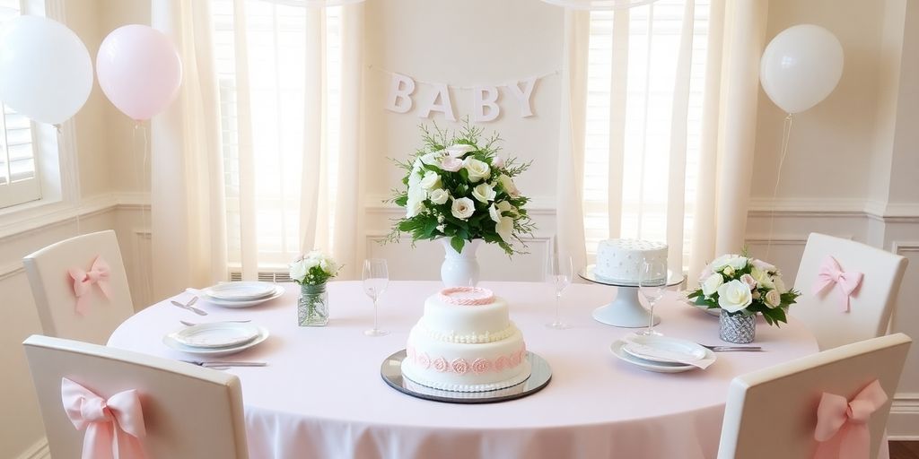 Borddækning til barnedåb med pastel farver og kage.