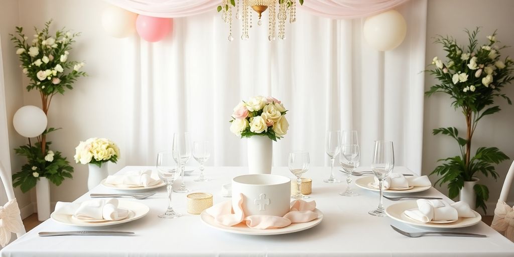 Borddækning til barnedåb med pastelfarver og lys.