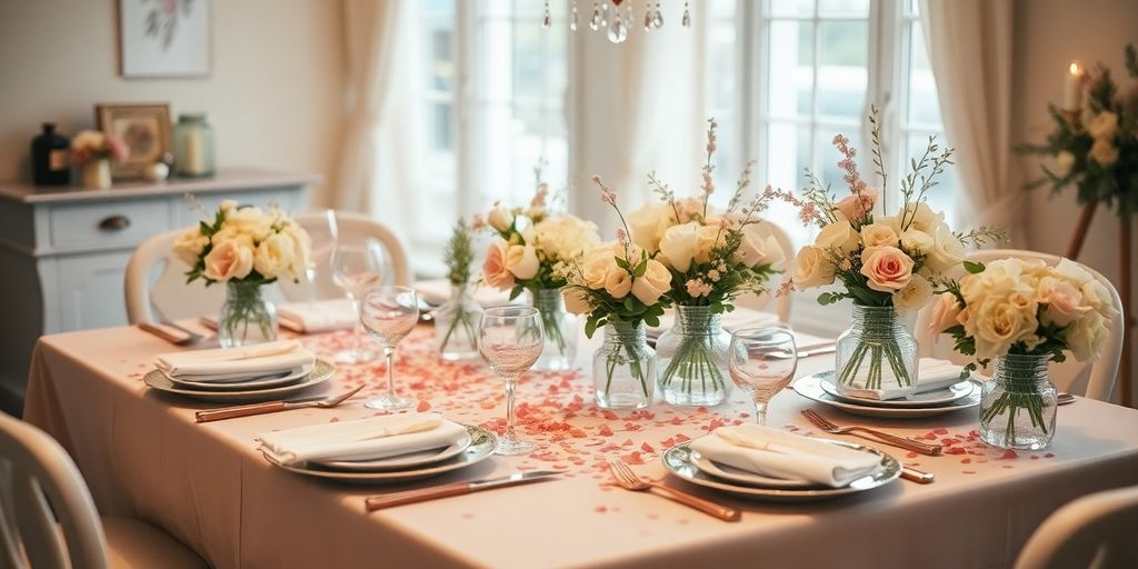 Smuk barnedåb fest med pastel farver og blomster.