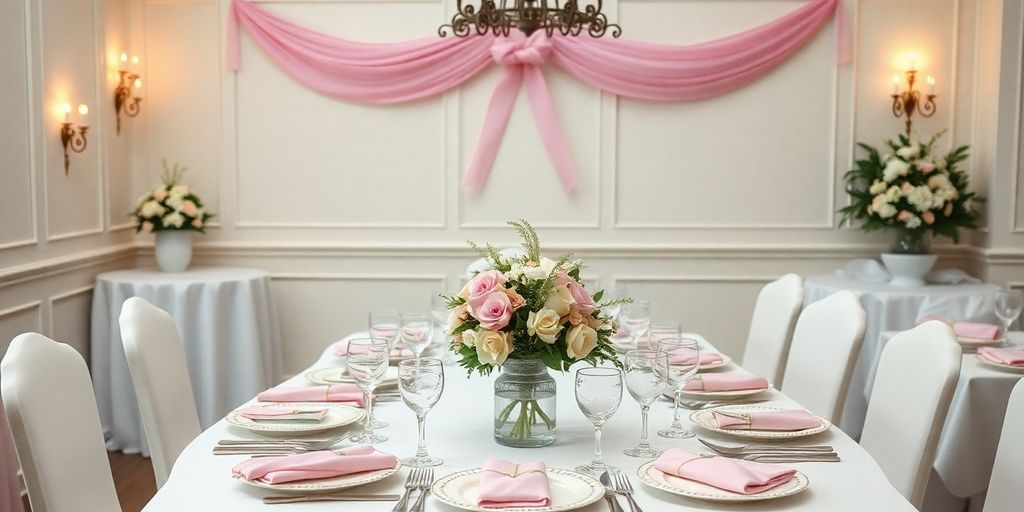 Smuk borddækning til barnedåb med blomster og pastelfarver.