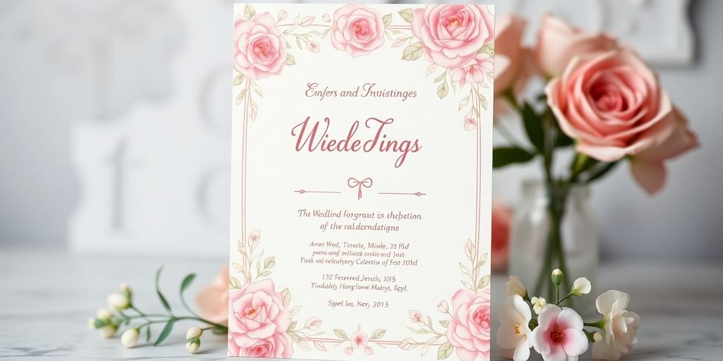 Bryllupsinvitation med blomster og pastelfarver.