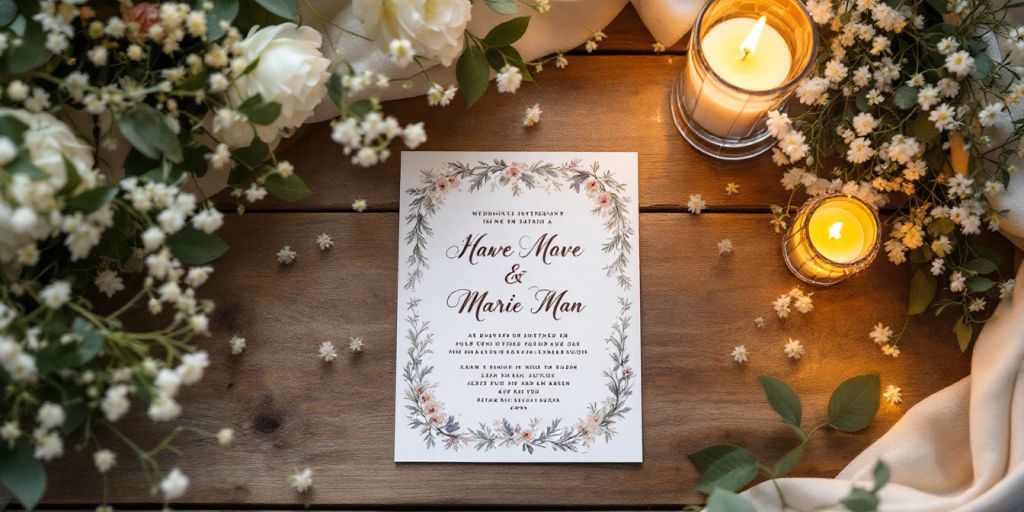 Invitation til bryllup med blomster og starinlys