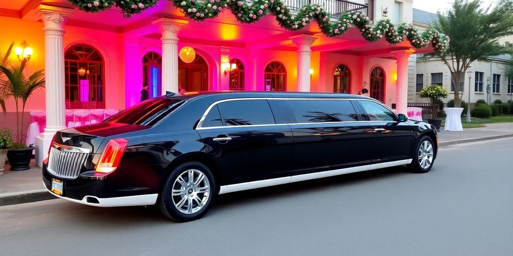 Limousine klar til konfirmation med festlige dekorationer.