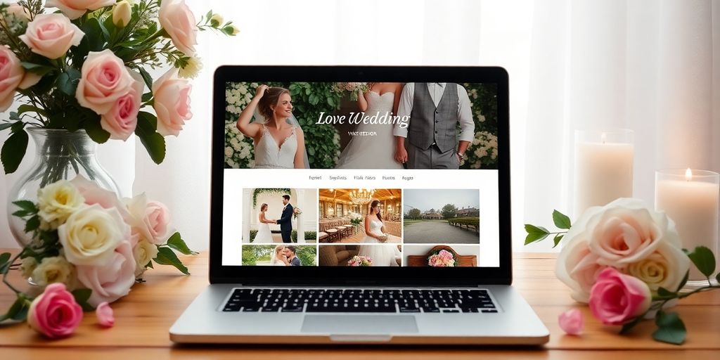 Illustration af en bryllupshjemmeside på en bærbar.