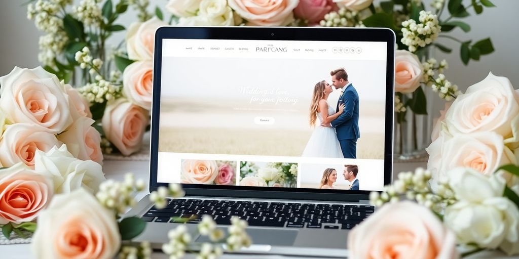 Bryllupshjemmeside vist på en bærbar med blomster.