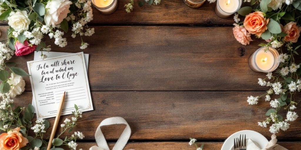 Bryllupsinvitation med blomster på træbord