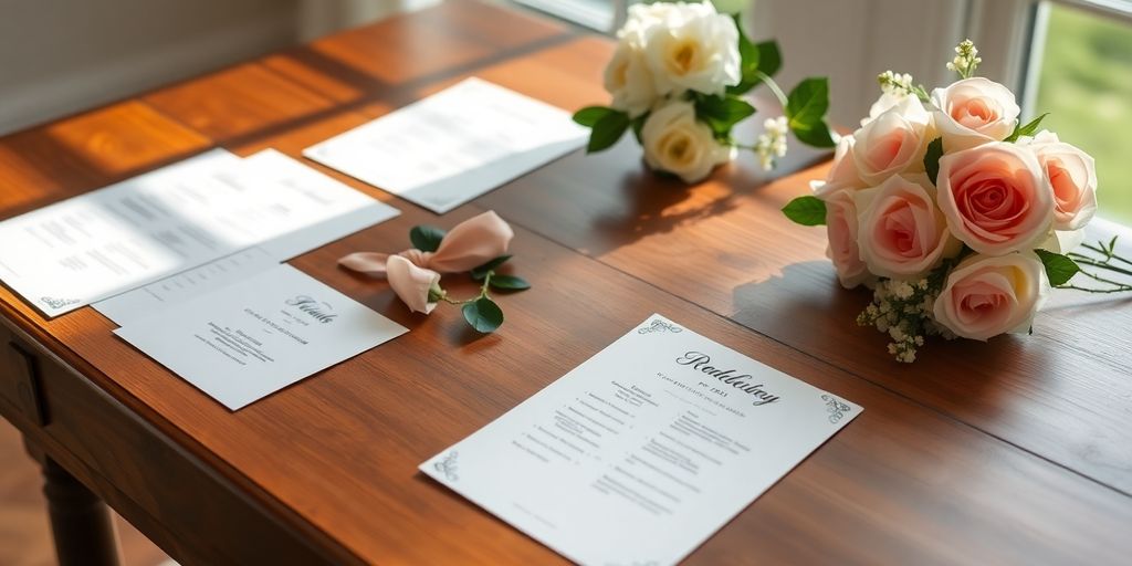 Gæsteliste med indbydelser og blomsterarrangementer.