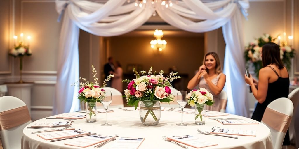 Bryllupsquiz med dekorationer og glade gæster.