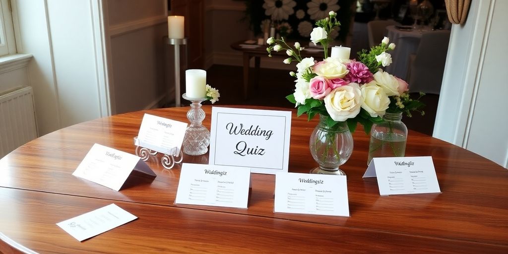 Bryllupsquiz på træbord