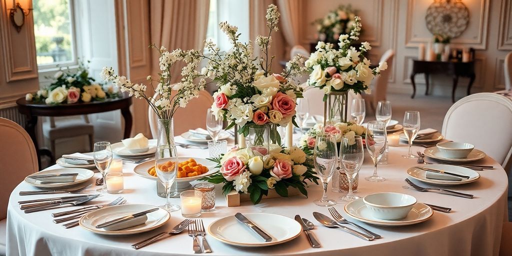 Elegant bryllupscatering med blomster og fine retter.