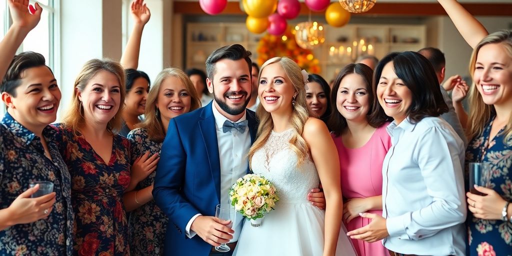 Venner og familie samles til bryllupsplanlægning.