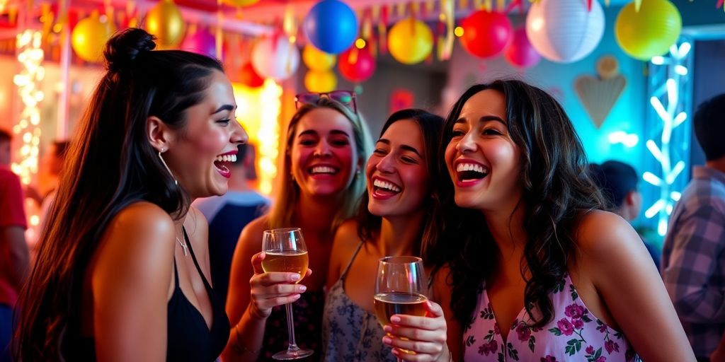 Billede af venner, der fejrer en fest sammen.