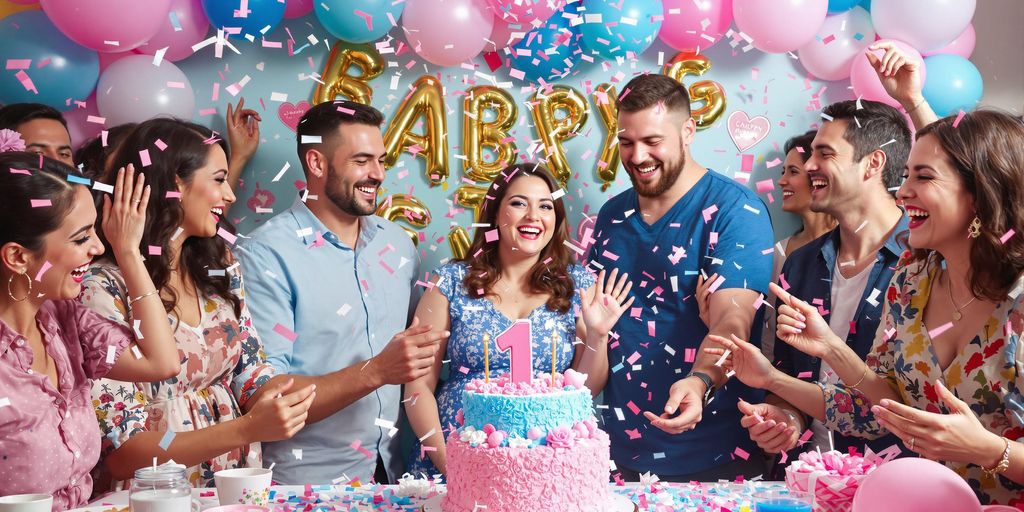 1 års fødsesldag med lagkage, confetti og balloner