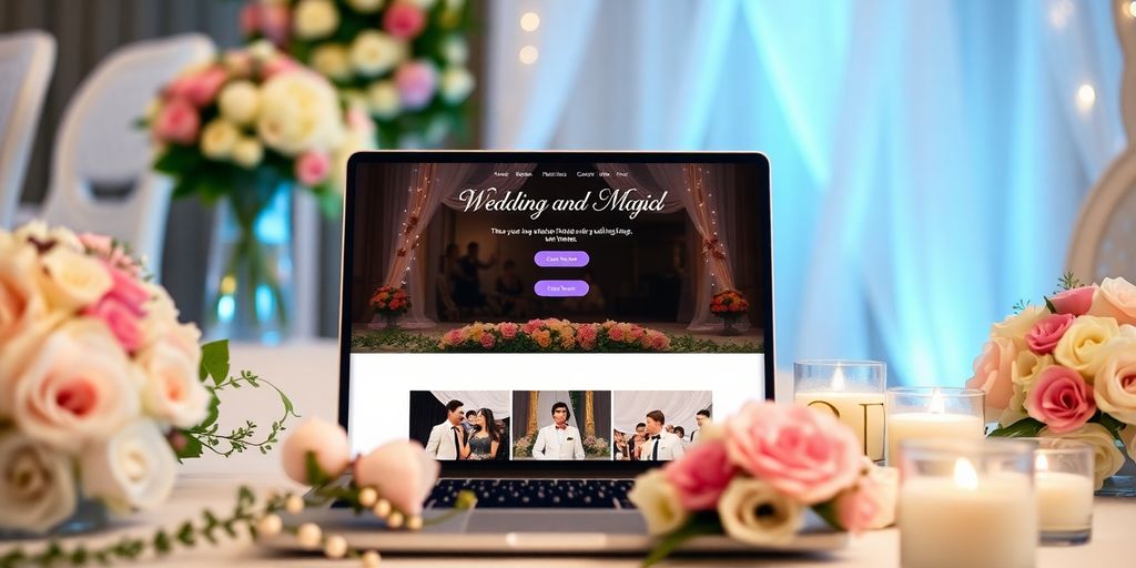 Bryllupshjemmeside med blomster og dekorationer.